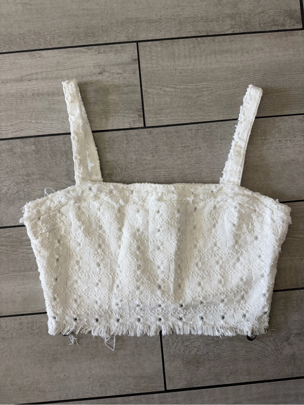 White Textured Eyelet Crop Top with Frayed Hem - Women